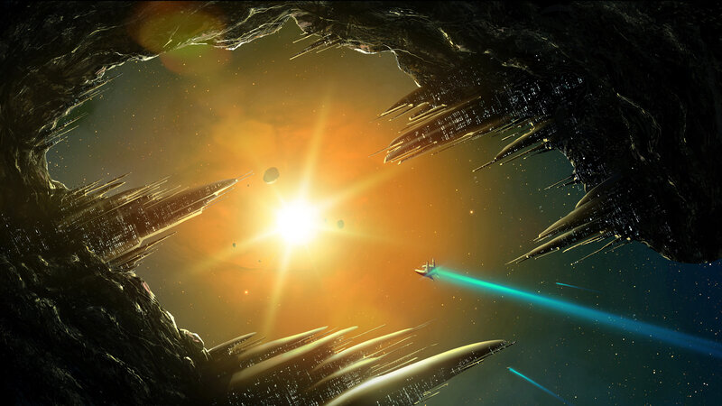 Spaceship in Asteroid Field — Orange