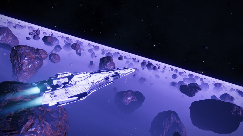 Spaceship in Asteroid Field — Purple, Dramatic, Night, 3d Render