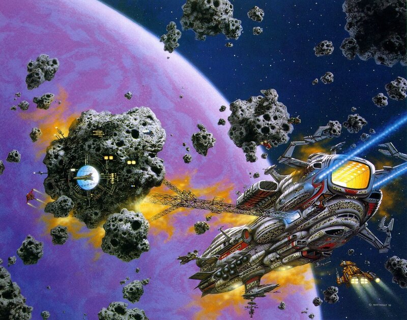 Spaceship in Asteroid Field — Purple, Dramatic, Night, Digital Art, Asteroids, Planet