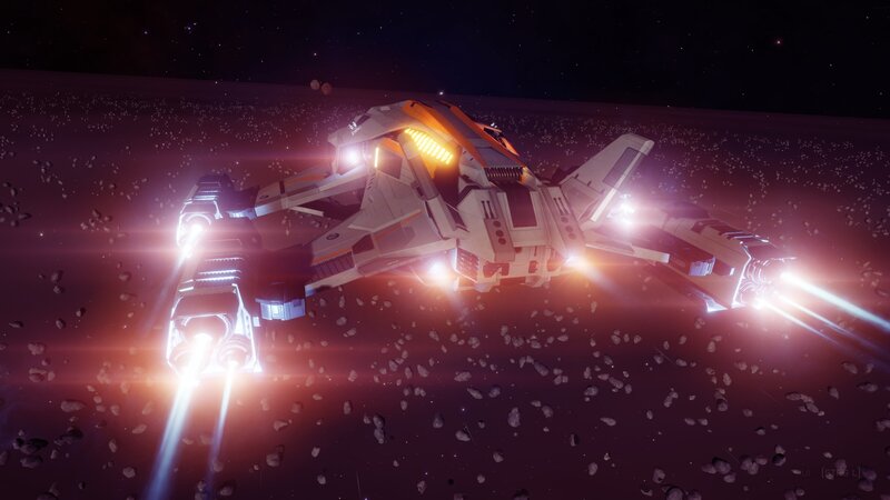 Spaceship in Asteroid Field — Purple, Dramatic, Night