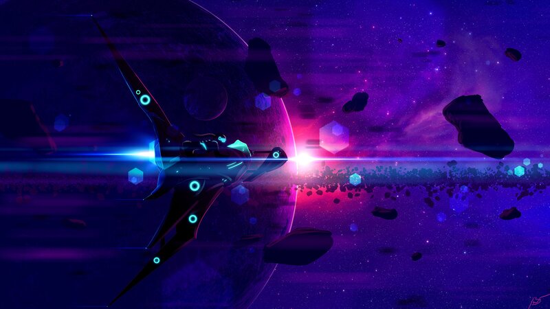 Spaceship in Asteroid Field — Purple, Dramatic
