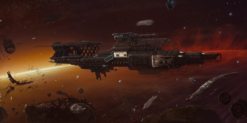 Spaceship in Asteroid Field — Red, Dramatic, Sunset
