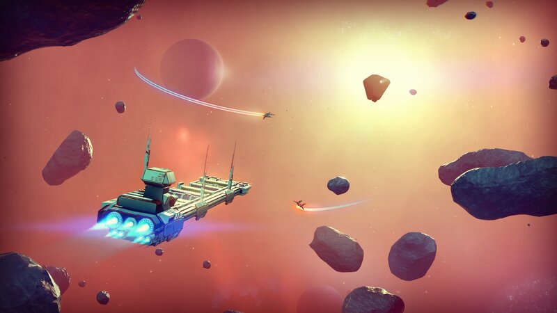 Spaceship in Asteroid Field — Red, Dramatic