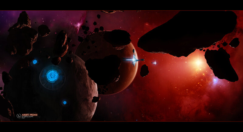 Spaceship in Asteroid Field — Red