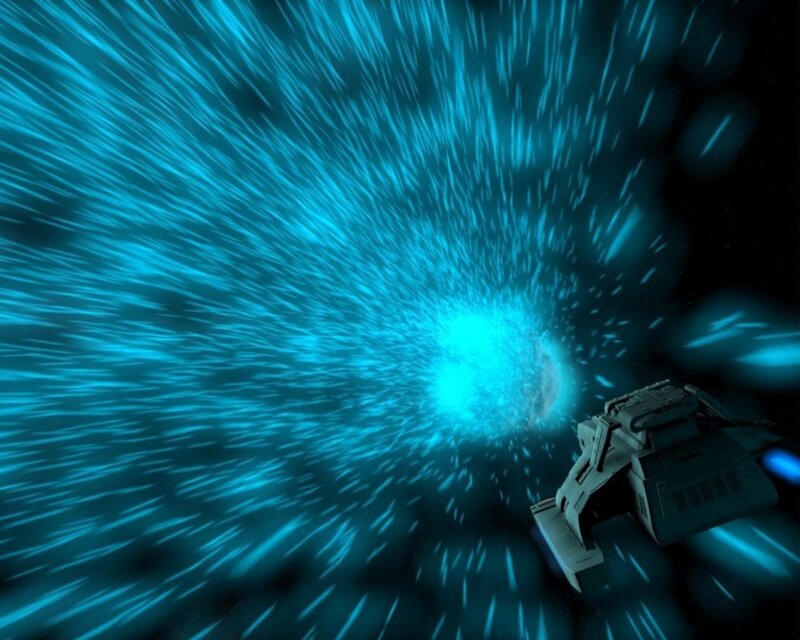 spaceship in blue warp tunnel