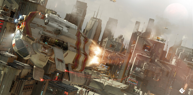 Spaceship in City — Gray, Dramatic
