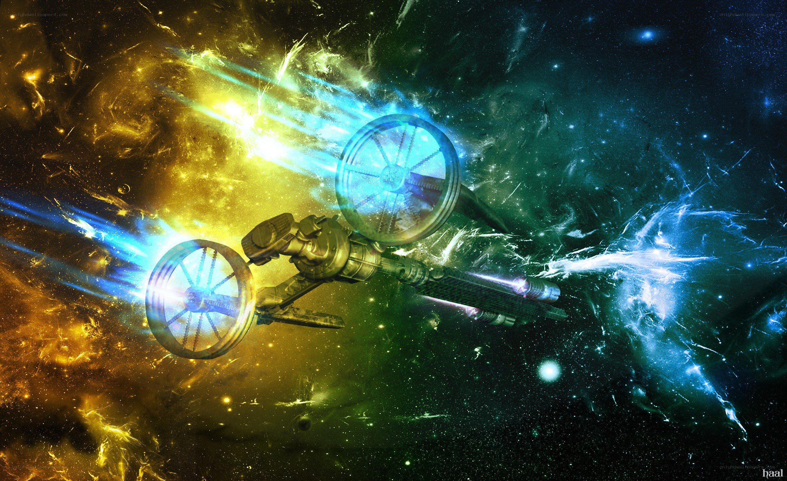 spaceship in colorful nebula