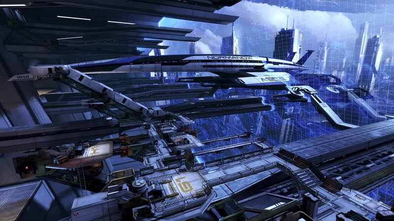 Spaceship in Docking Bay — Blue, Dramatic