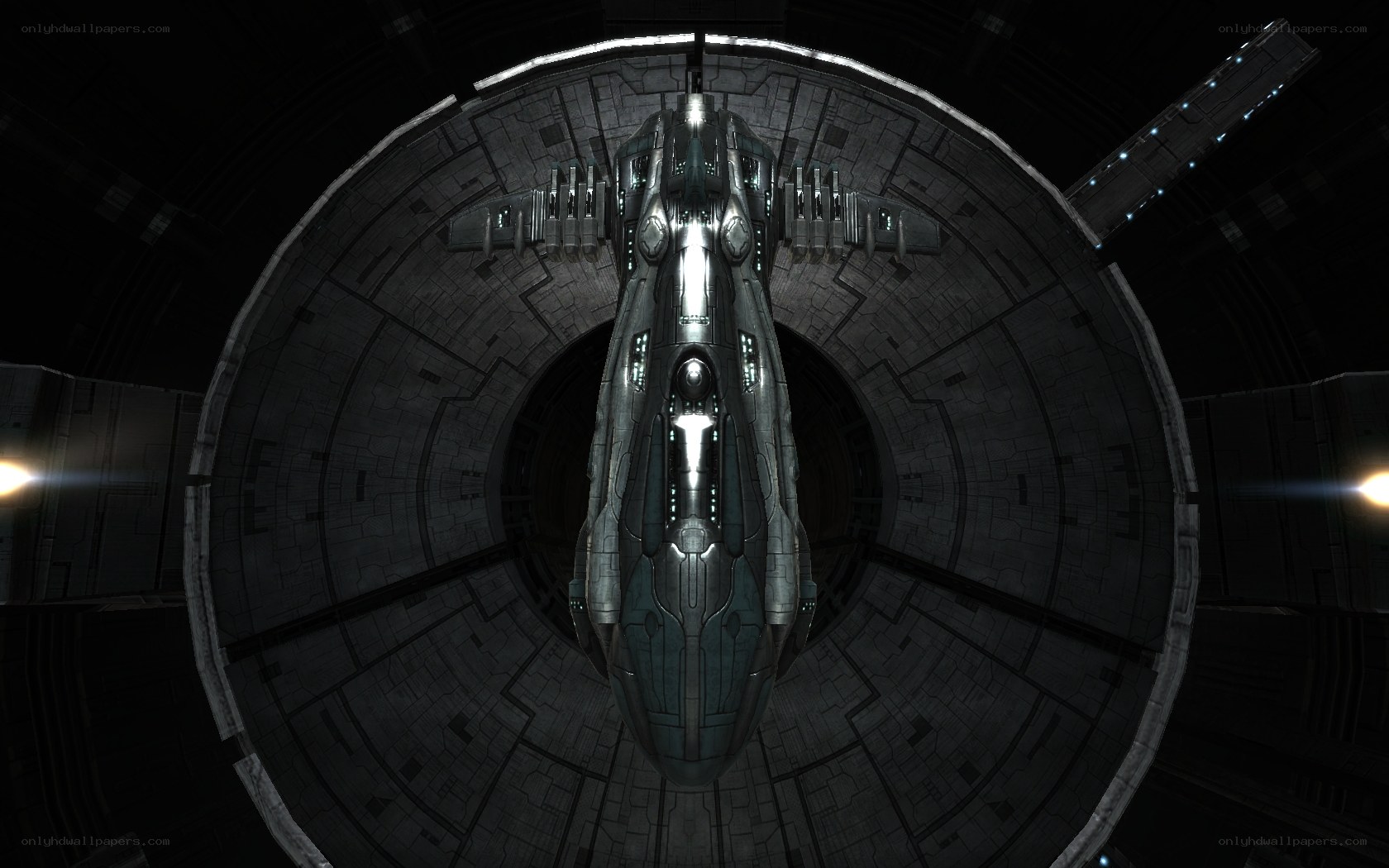 spaceship in docking bay