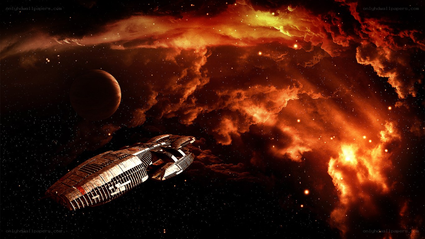 spaceship in fiery nebula