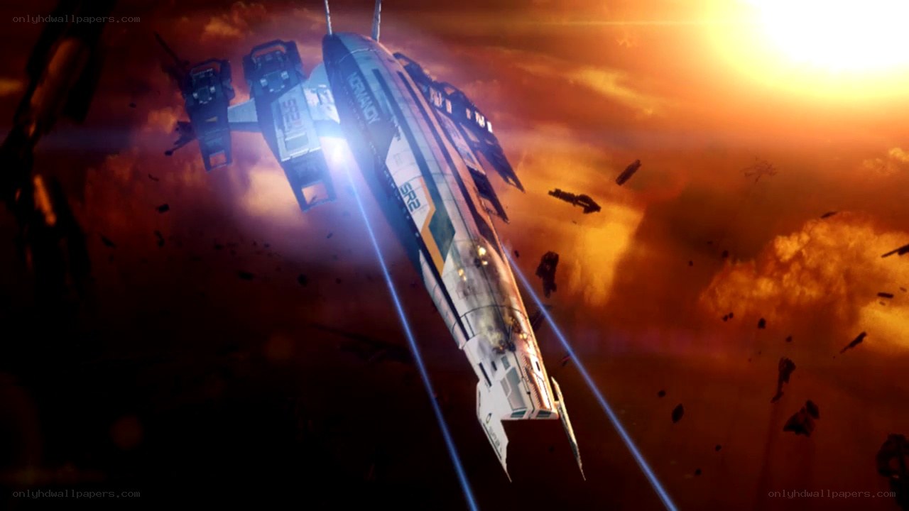 spaceship in fiery sky