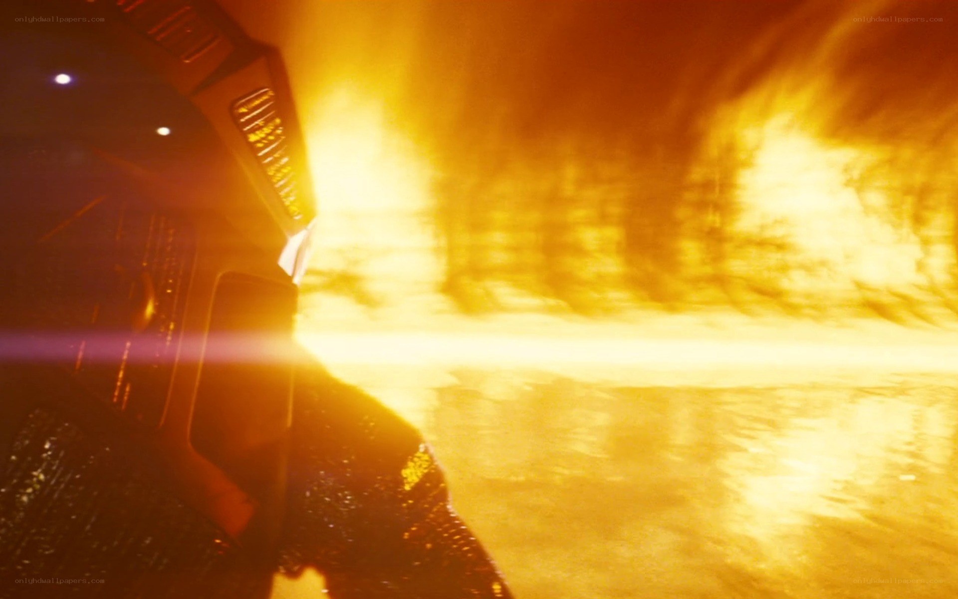 spaceship in fiery tunnel