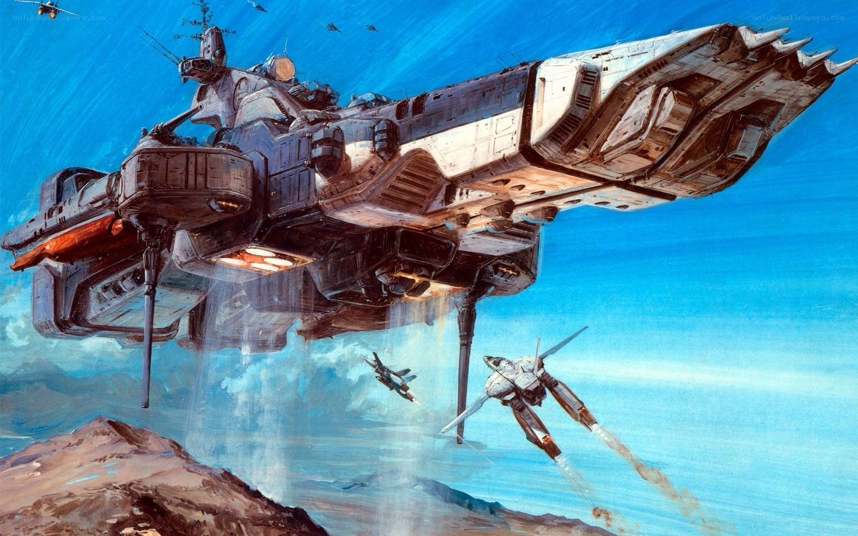 Spaceship in flight over planet