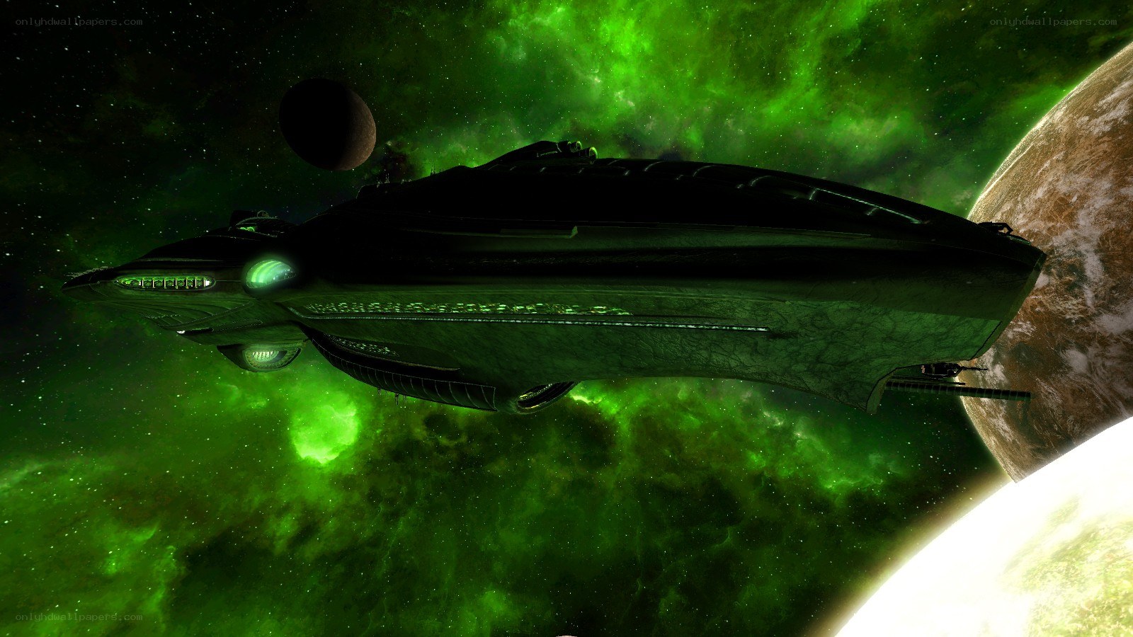 spaceship in green nebula