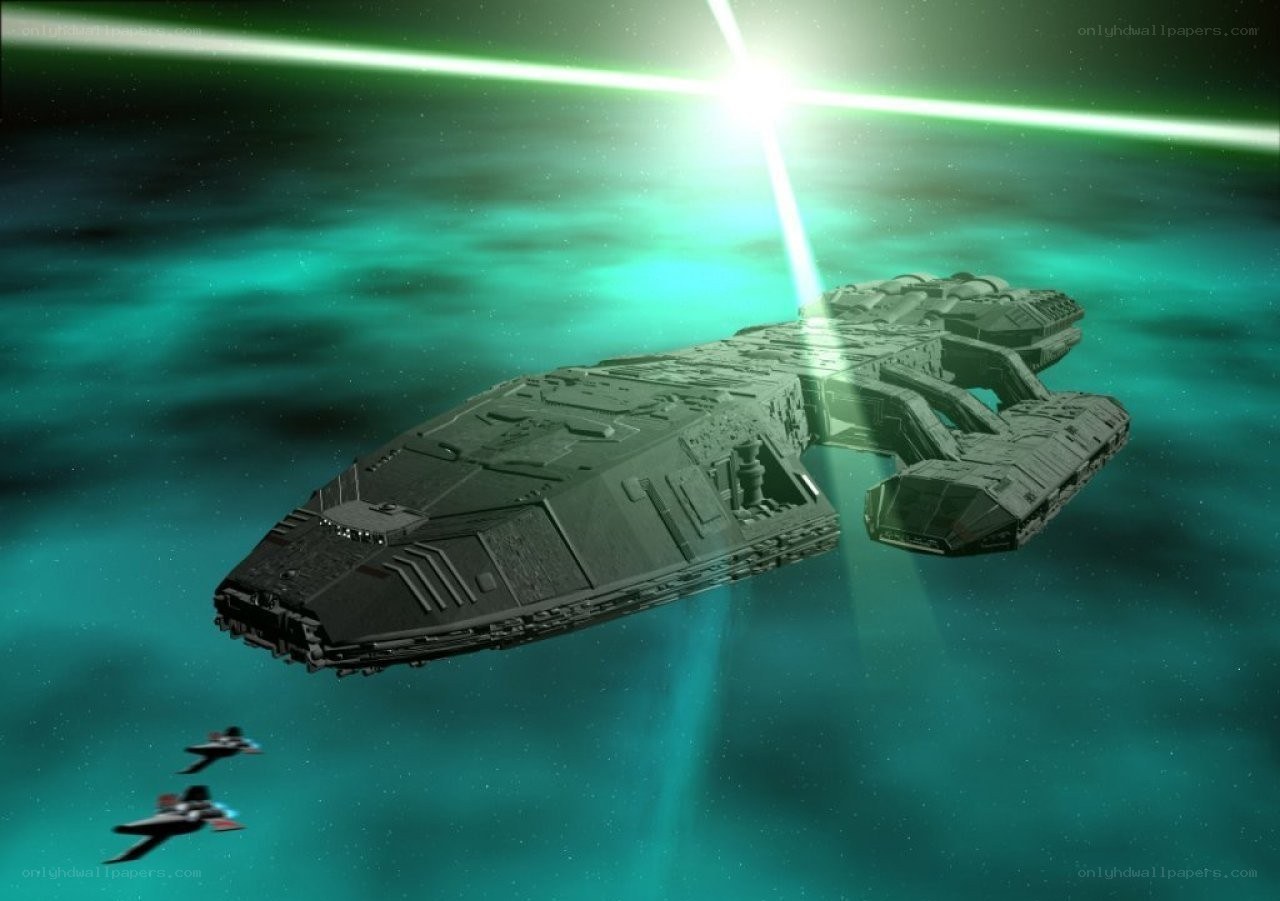 Spaceship in green nebula