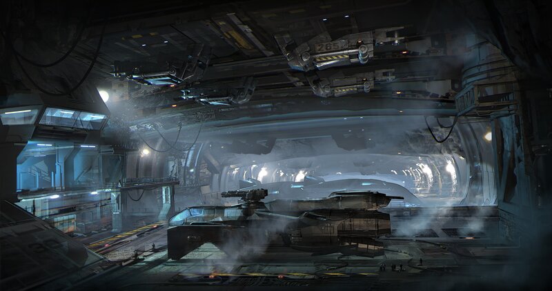 Spaceship in Hangar Bay — Gray