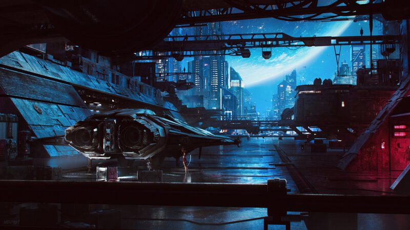 Spaceship in Hangar — Blue, Dramatic