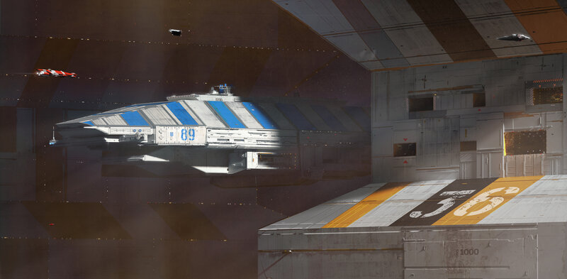 Spaceship in Hangar — Gray, Dramatic, Digital Art