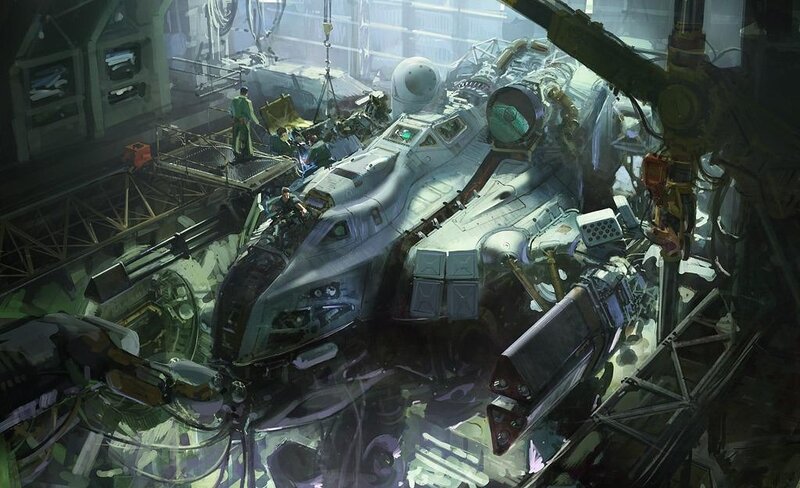 Spaceship in Hangar — Gray, Industrial, Digital Art, Workers, Cranes