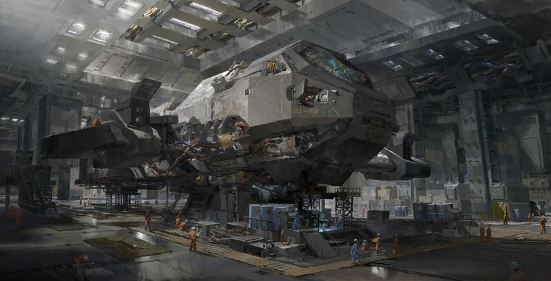 Spaceship in Hangar — Gray, Industrial, Digital Art, Workers