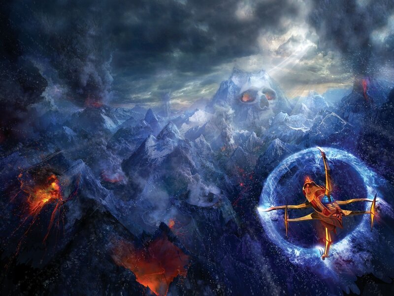 Spaceship in Mountain Range — Blue, Dramatic, Digital Art