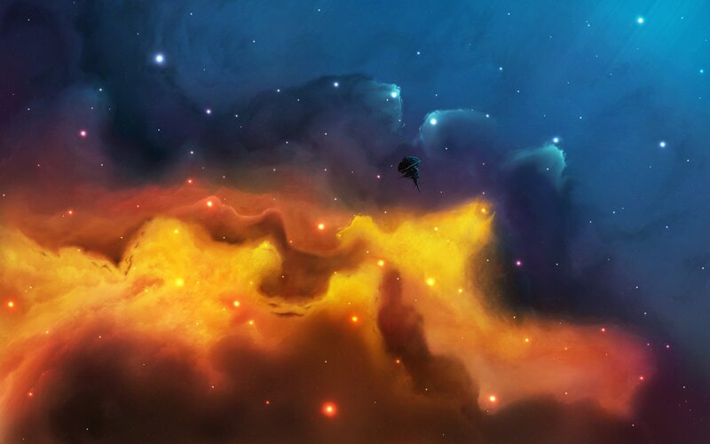 Spaceship in Nebula — Blue, Dramatic, Digital Art, Star, Spacecraft