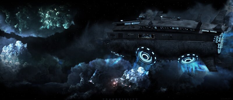 spaceship in nebula clouds
