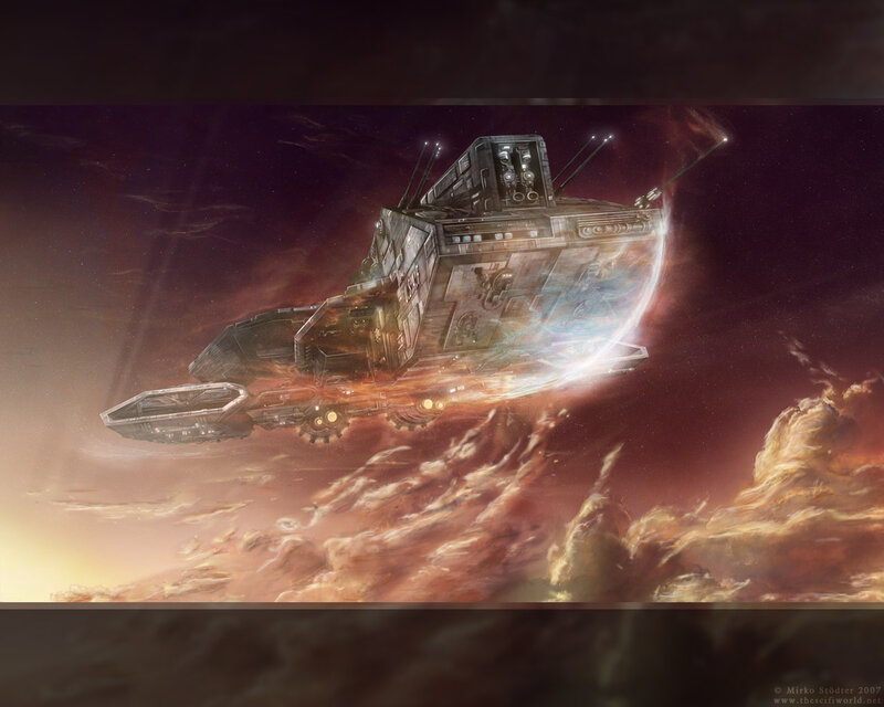 Spaceship in nebula clouds
