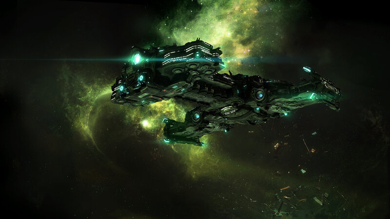 Spaceship in Nebula — Green, Dramatic, Digital Art, Debris