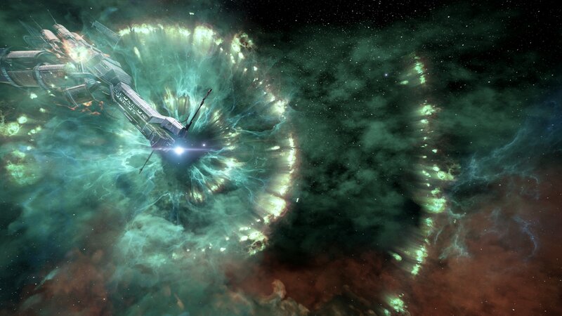 Spaceship in Nebula — Green, Dramatic, Night