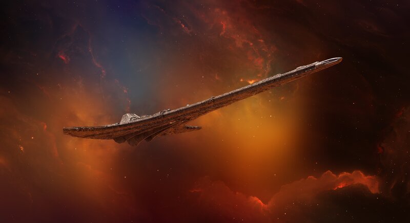 Spaceship in Nebula — Orange, Dramatic, Digital Art, Spacecraft