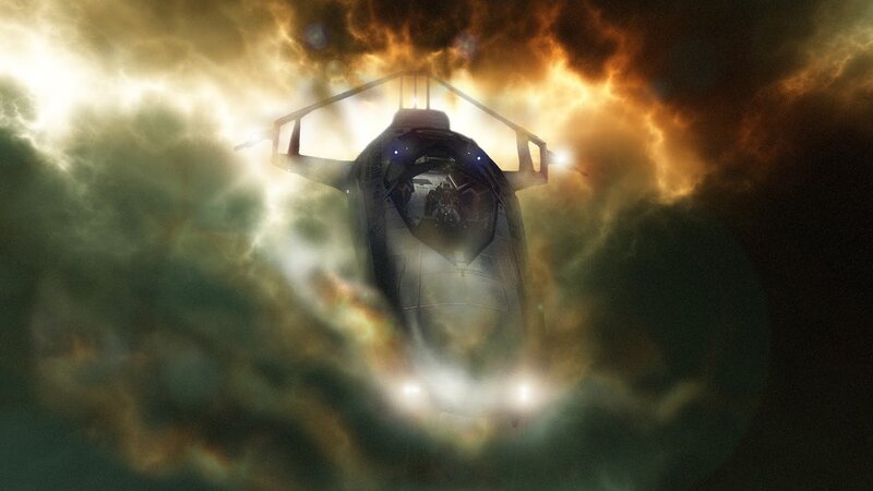 Spaceship in Nebula — Orange, Dramatic, Digital Art