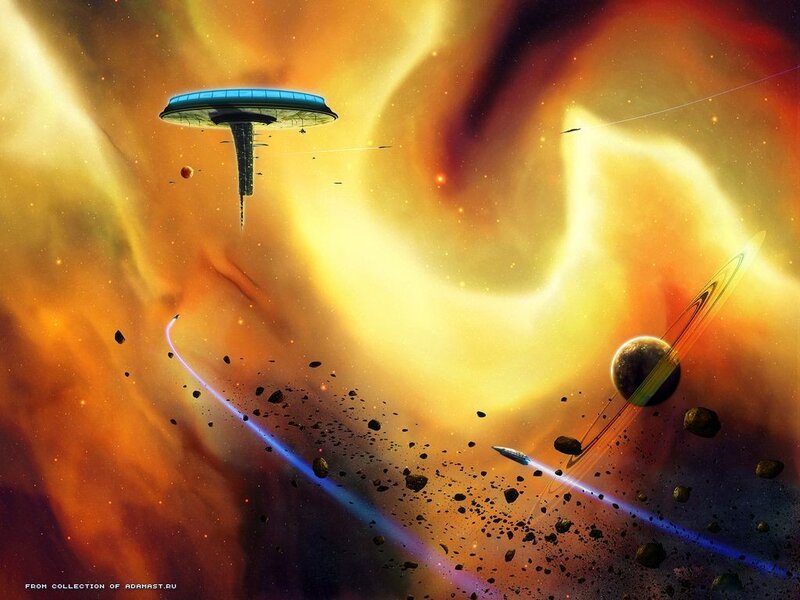 Spaceship in Nebula — Orange, Dramatic