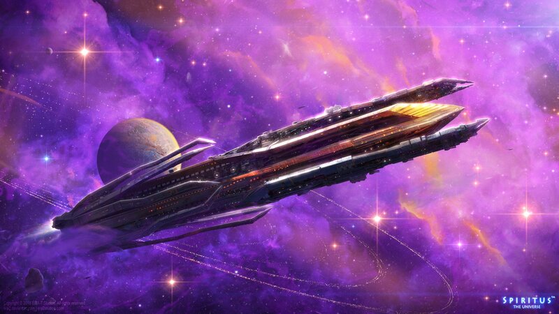 Spaceship in Nebula — Purple, Dramatic, Digital Art, Planet