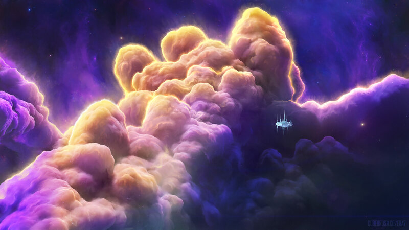 Spaceship in Nebula — Purple, Dramatic, Night, Digital Art