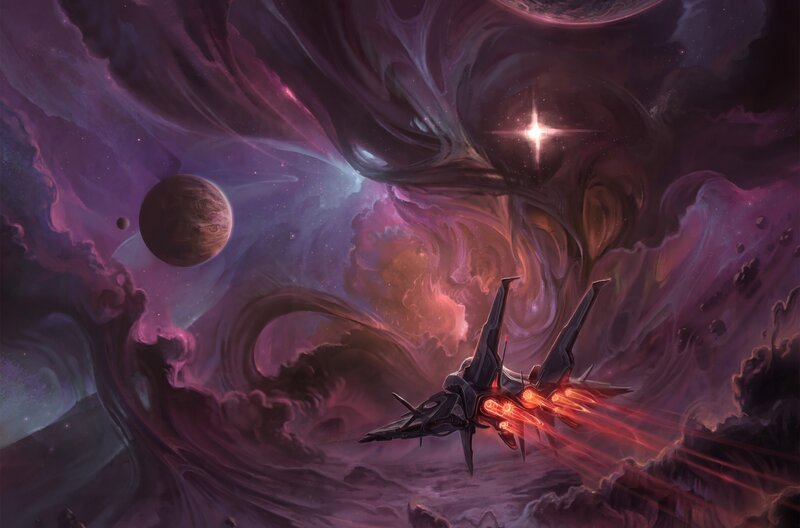 Spaceship in Nebula — Purple, Dramatic, Night