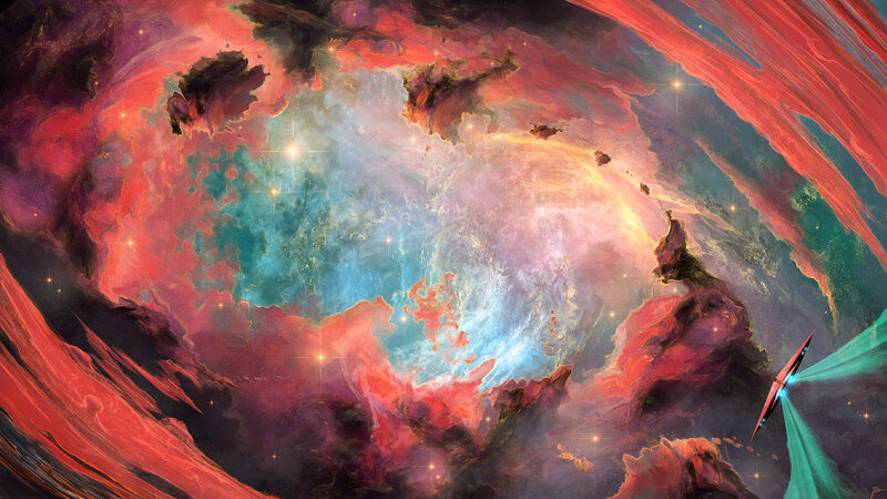 Spaceship in Nebula — Red, Dramatic, Digital Art, Star, Spacecraft