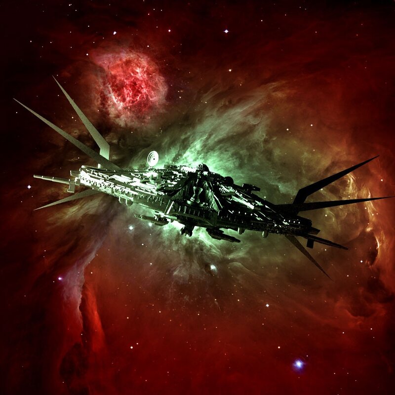 Spaceship in Nebula — Red, Dramatic, Digital Art, Stars, Ship, Green