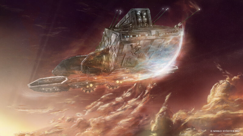 Spaceship in Nebula — Red, Dramatic, Night
