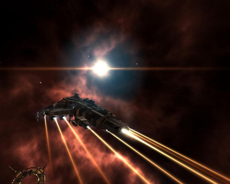 Spaceship in nebula with laser beams