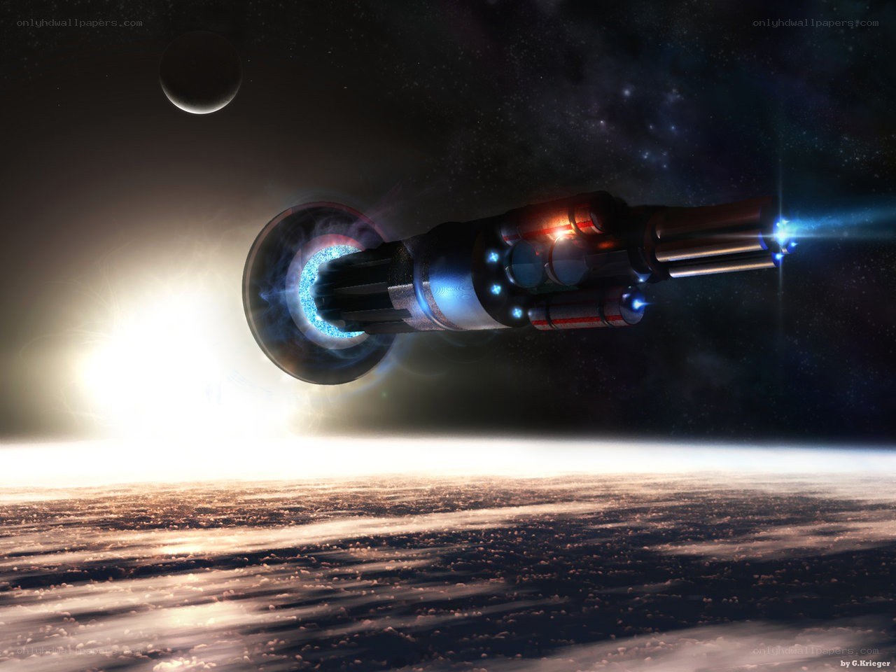 Spaceship in orbit above planet