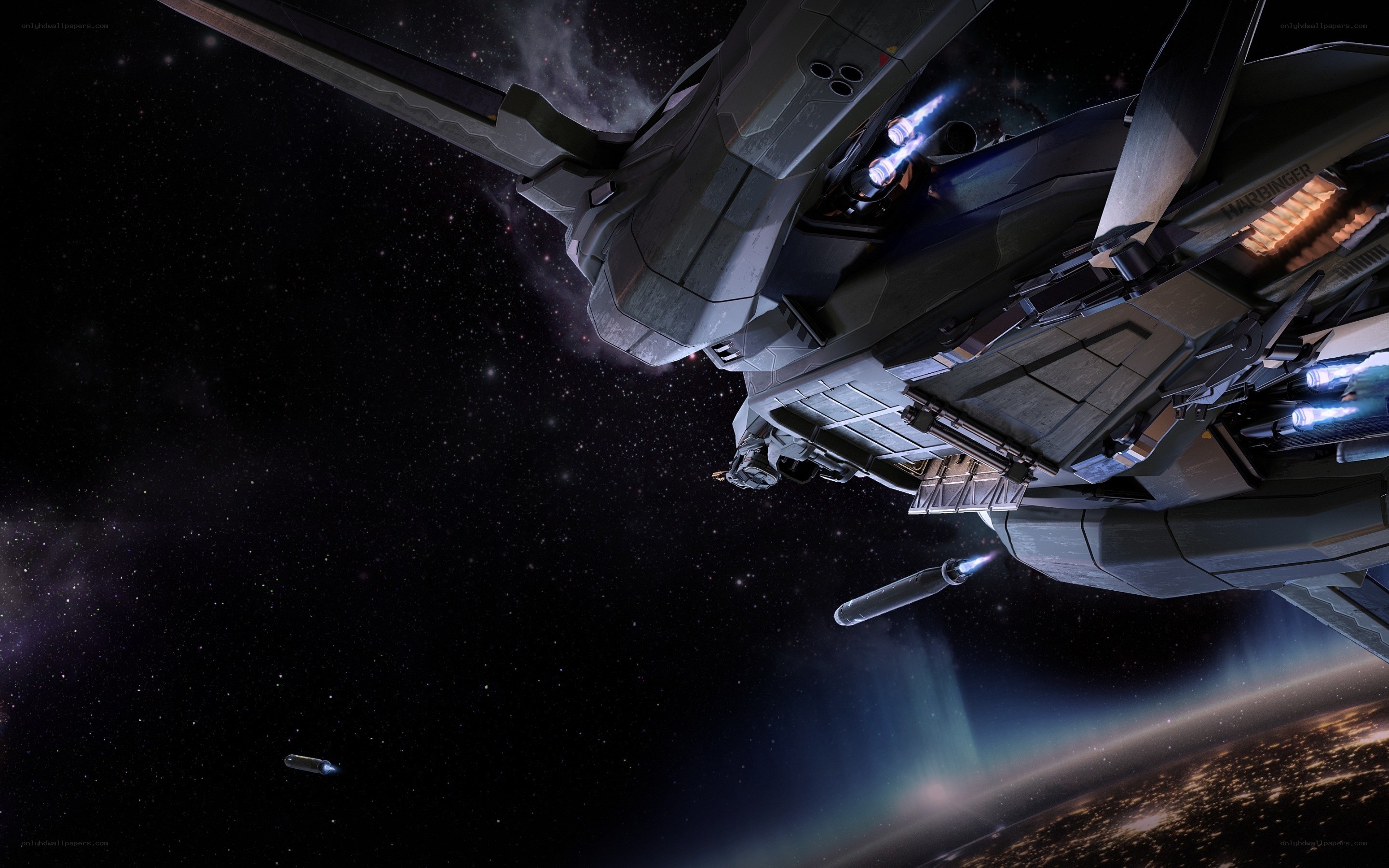 Spaceship in orbit above planet