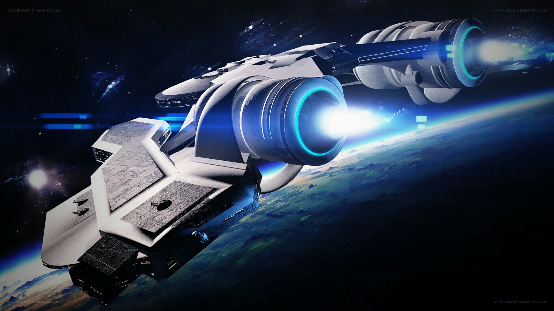 spaceship in orbit around planet