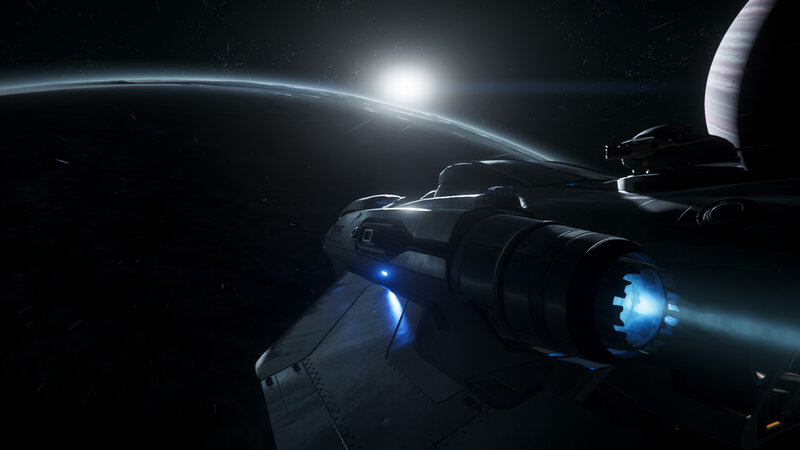 Spaceship in Orbit — Black, Dramatic, 3d Render, Planet, Star