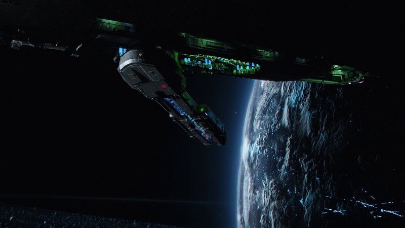 Spaceship in Orbit — Black, Dramatic, Night, 3d Render, Planet, Spacecraft