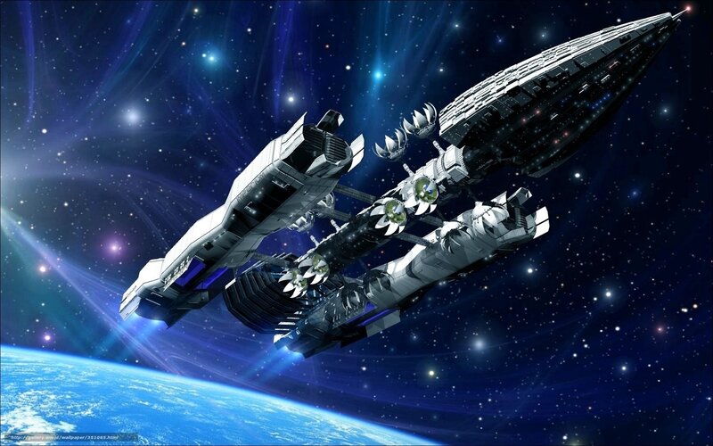Spaceship in Orbit — Blue, Dramatic, Digital Art, Earth