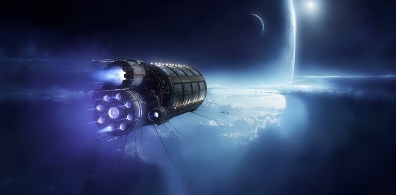 Spaceship in Orbit — Blue, Dramatic, Digital Art, Planet, Moon, Clouds