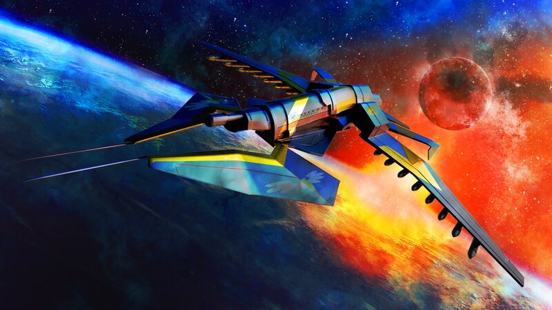 Spaceship in Orbit — Blue, Dramatic, Digital Art, Planet, Moon, Stars, Red