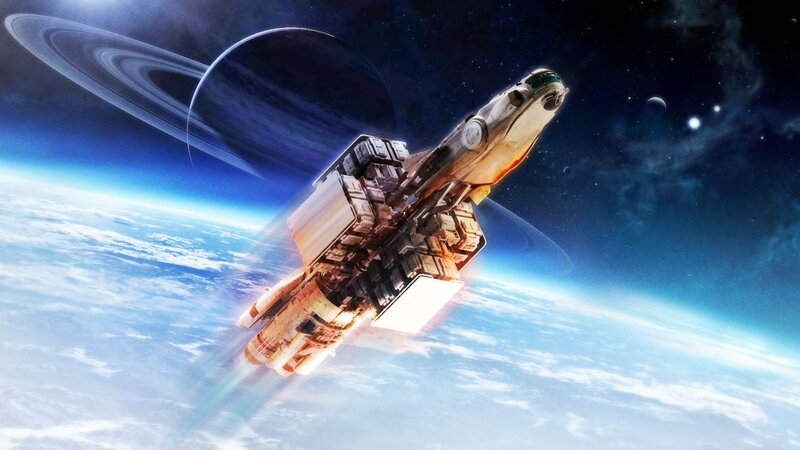 Spaceship in Orbit — Blue, Dramatic, Digital Art, Planet, Ringed Planet