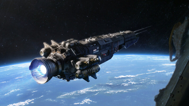 Spaceship in Orbit — Blue, Dramatic, Digital Art, Planet, Space